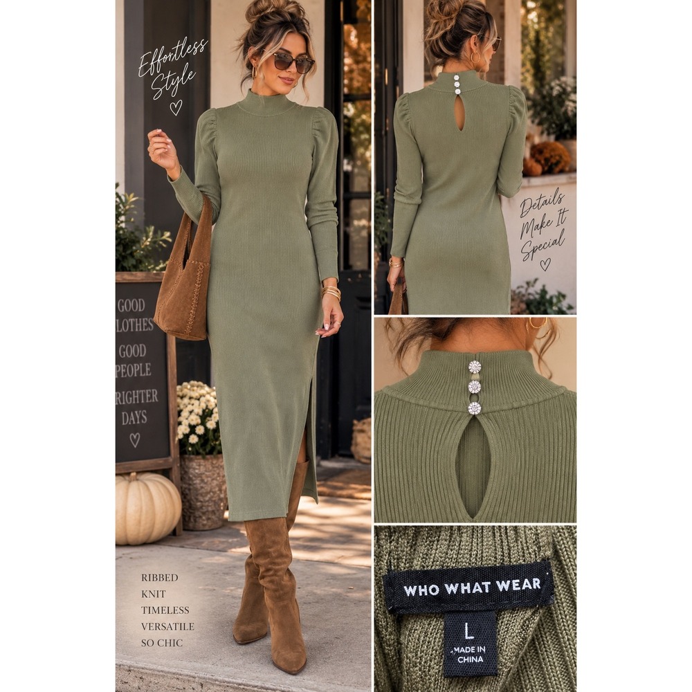 Who What Wear Olive Green Ribbed Knit Mock Neck Midi Dress Rhinestone Detail L